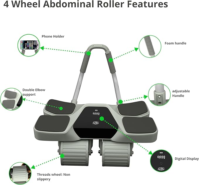 2025 New 4-Wheel Abdominal Roller with Elbow Support : Latest Upgraded High-Performance Exercise Machine With Automatic Rebound, Multi- layered Anti-Slip Design with Calorie Counting LCD Screen