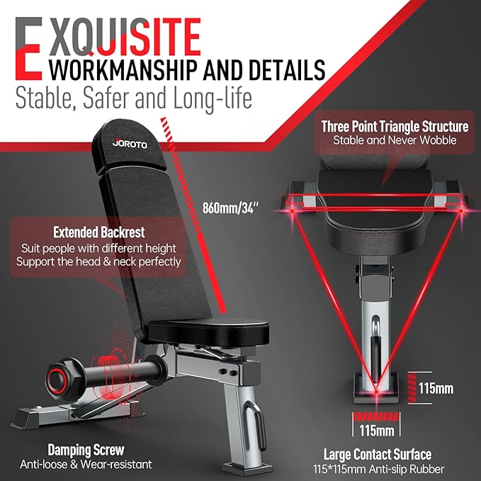 JOROTO MD80 Adjustable Weight Bench, 1000LB Heavy Duty Workout Bench Press for Home Gym, Commercial Grade Flat Incline Decline Strength Training Utility Bench with Wheels and Extended Backrest