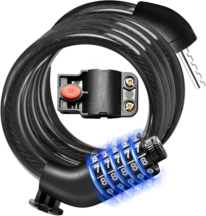 Bike Lock Cable with Combination, Heavy-Duty 5-Digit Combination Cable Lock for Bike & Scooter – Resettable Code, Anti-Theft Security Design with Mounting Bracket Included