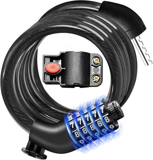 Bike Lock Cable with Combination, Heavy-Duty 5-Digit Combination Cable Lock for Bike & Scooter – Resettable Code, Anti-Theft Security Design with Mounting Bracket Included