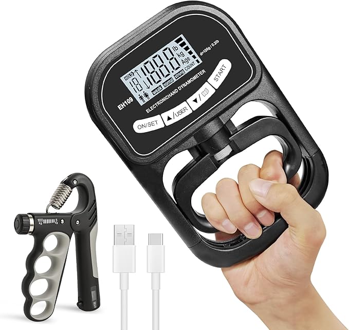 Grip Strength Tester 400 lbs/180 kg with Backlit LCD Display, Digital Hand Grip Dynamometer Records Up to 19 Users, Adjustable Grip Strength Trainer 11–220 lbs for Sports, Rehab, Home & School Use