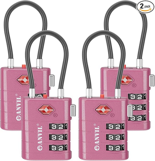 ANVIL TSA Approved Luggage Locks – High Security TSA008 Combination Travel Locks with Inspection Indicator for Suitcases and Backpacks. (4, Rose Purple)
