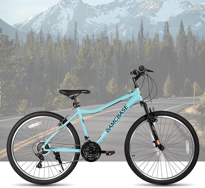 HILAND 26 Inch Womens and Mens Mountain Bike, 21 Speed Steel Frame Adult Bicycle, MTB Bikes with Suspension Fork, Purple Green White