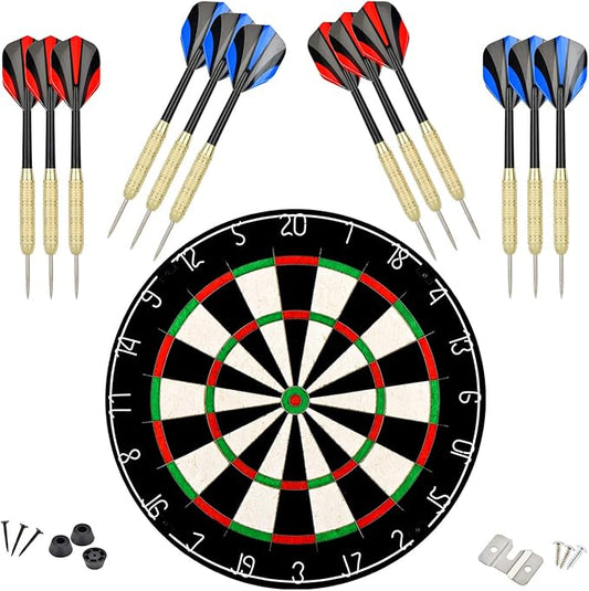 LinkVisions Dartboard with Staple-Free Bullseye, 18g Steel Tip Darts Set,12 Steel Tip Darts 18g, Dartboard Mounting Kits Included