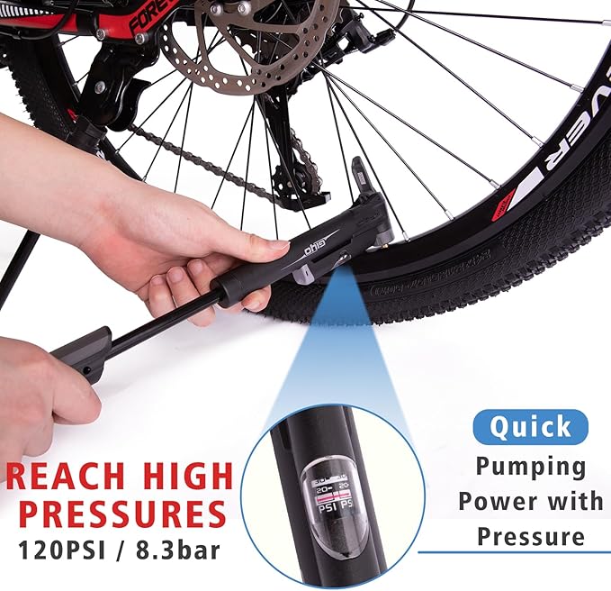 GIYO Mini Bike Pump, Portable Compact Bicycle Pump with Pressure Gauge, Tire Repair Kit, Perfect for Presta & Schrader Frame Mount for Road, Mountain & BMX Cycling, Ball Pump with Needle 120 PSI