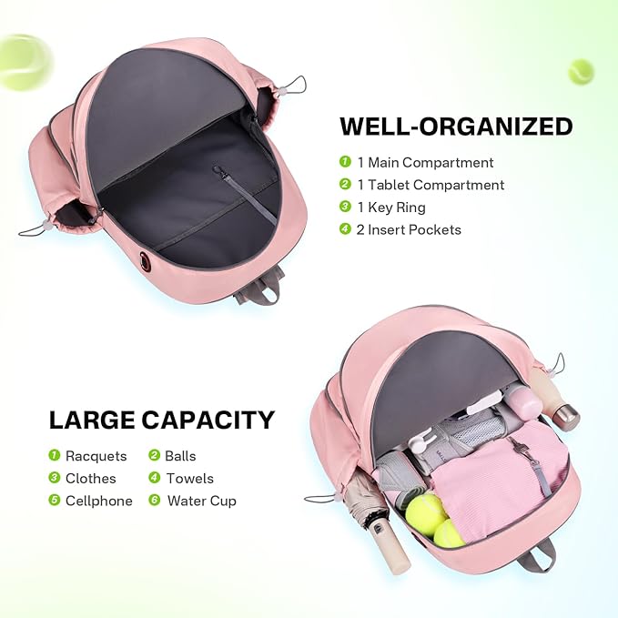 Tennis Bags for Women, Waterproof Tennis Sling Crossbody Shoulder Backpack Holds 2 Rackets, Tennis Racket Bag for Pickleball Badminton