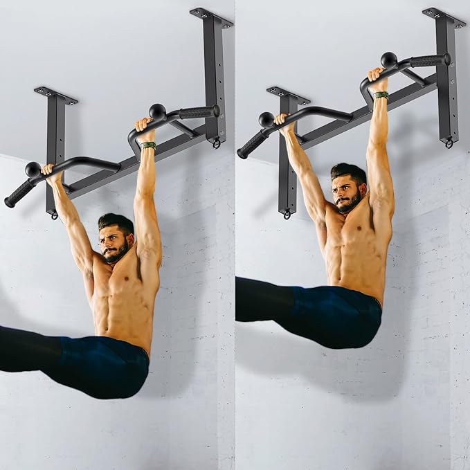 Kipika 32" Ceiling Mounted Pull Up Bar - Heavy Duty, Highly Adjustable, Multifunctional Chin Up Bar - Home Gym System with Punching Bag Hanger and Resistance Bands Training