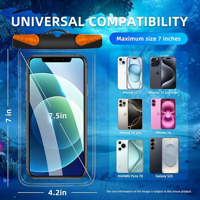 Waterproof Phone Pouch, Waterproof Phone Case with Lanyard for iPhone, Samsung, IPX8 Cellphone Beach Dry Bag Kayak Cruise Ship Essentials 2Pack-7.5" Black Orange