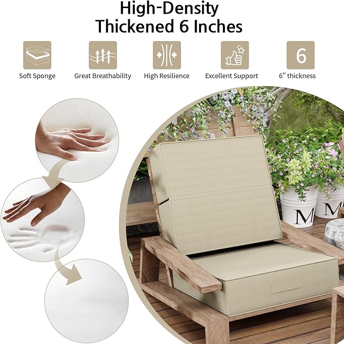 6 Inch Thick Foldable Deep Seat Cushion, 2 PCS 23 x 26 Inch Outdoor Water & Fade Resistant Olefin Patio Furniture Replacement Chair Cushion, with Removable Cover, Handle and Straps, Beige