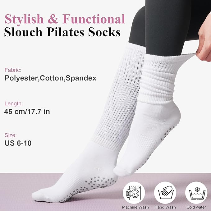 Grip Pilates Socks for Women, Yoga Slouch Socks with Grip for Barre Workout Hospital Long Scrunch Slipper Socks