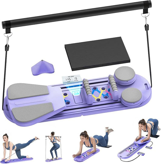Pilates Board, Foldable Pilates Reformer Set with Timer, 8-in-1 Multi-Purpose Portable Pilates Machine for Home Workout, Pilates Reformer Kit for Full Body Workout, Abs Trainer, Core Strength