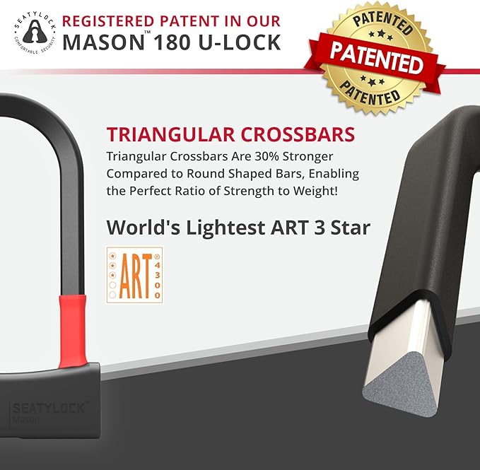 Seatylock Mason Bike U Lock - Patented Heavy Duty Anti Theft Diamond Secure ULock - Ultra Security Bicycle Safety Tool with Keys for City Electric or Mountain Bikes and Scooters
