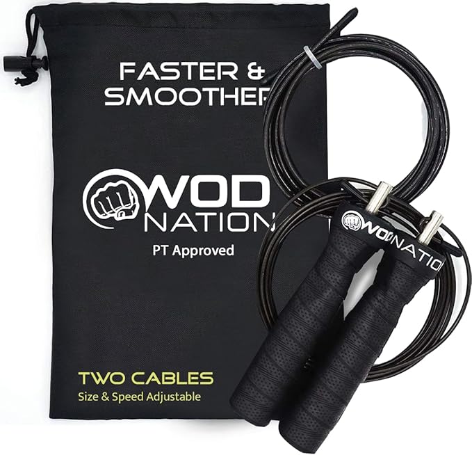 WOD Nation Attack Speed Jump Rope : Adjustable Jumping Ropes : Unique Two Cable Skipping Workout System : One Thick and One Light 11 Foot Cable : Perfect for Double Unders : Men and Women