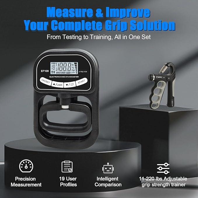 Grip Strength Tester 400 lbs/180 kg with Backlit LCD Display, Digital Hand Grip Dynamometer Records Up to 19 Users, Adjustable Grip Strength Trainer 11–220 lbs for Sports, Rehab, Home & School Use