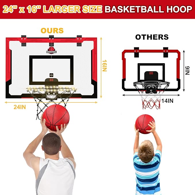 24" x 16" Large Basketball Hoop Indoor for Adults, Over The Door Basketball Hoop with Electronic Scoreboard/LED Rim, Big Basketball Toys Gifts Ideas for Man Kids Teens Boys Girls, Red
