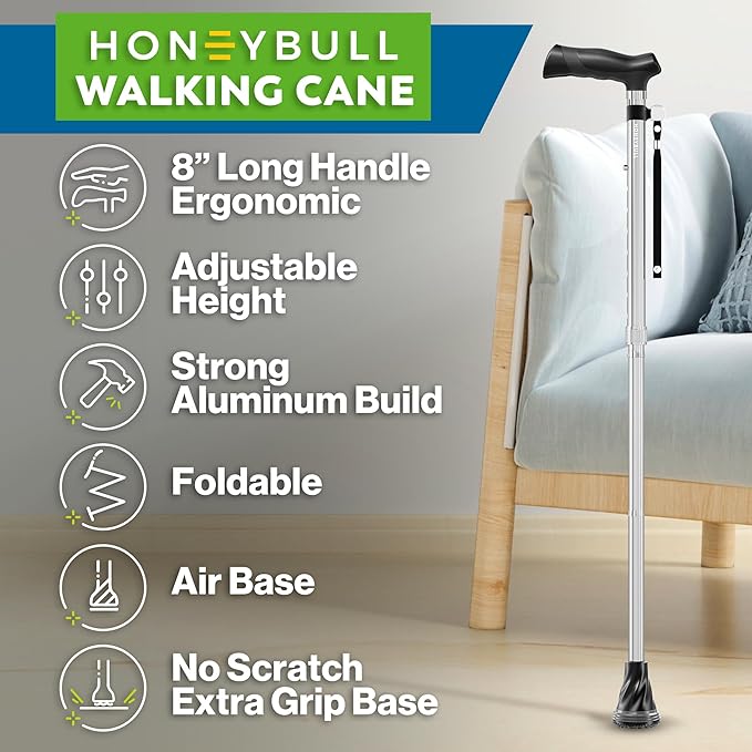 HONEYBULL Foldable Walking Cane for Seniors & Adults – Adjustable 8 Height Settings 30-37", Lightweight Collapsible Cane with Air Cushion Tip, Ergonomic Comfort Grip & Wrist Strap