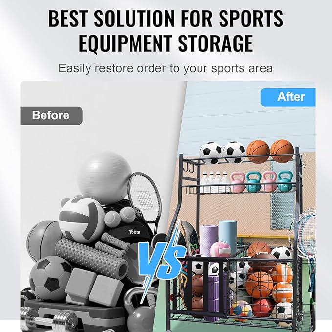 Garage Sports Equipment Organizer, Large Capacity Garage Organizer System with Wheels, with Hooks and Baskets, for Ball Storage,Football,Soccer Ball,Bat, Toys