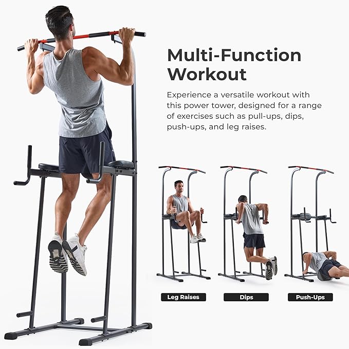 Sunny Health & Fitness Power Tower, Dip Bar, Push-Up & Pull Up Assisting Parallette Station w Optional Rock Climbing Grip Trainer