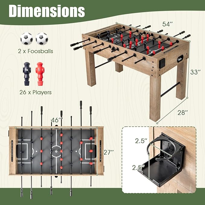 Giantex 54" Foosball Table Adult Size, Full Size Arcade Soccer Table Game w/2 Balls & 2 Cup Holders, Football Table for Kids & Adults, Competition Sized Foosball Table for Game Room, Family, Party