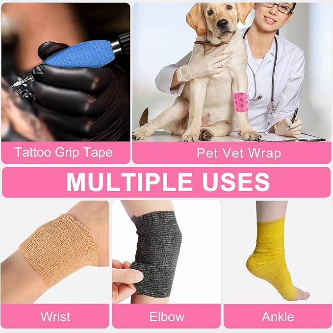 48 Pack Self Adhesive Bandage Wrap, 2” x 5 Yards Cohesive Medical Tape Elastic Grip Tape Black Sports Tape Athletic for Ankle, Wrist Sprains, Pet First Aid (Pink-Heart)