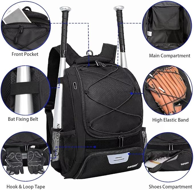 Baseball Bag Softball Backpack - Youth Adult T Ball Bat Equipment Bag with Bat Helmet Holders, Shoe Compartment