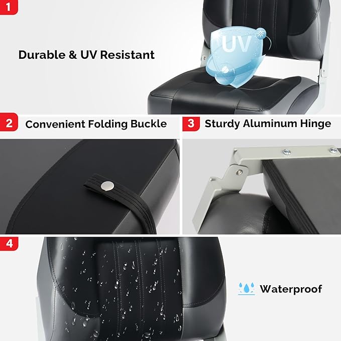 PEXMOR Boat Seats Low/High Back, Folding Boat Seat Included, Fold-Down Fishing Boat Seats Waterproof Captain Boat Seat w/Aluminum Hinges & Thick Soft Cushion, 2 Packs (Low Back-Grey & Black)