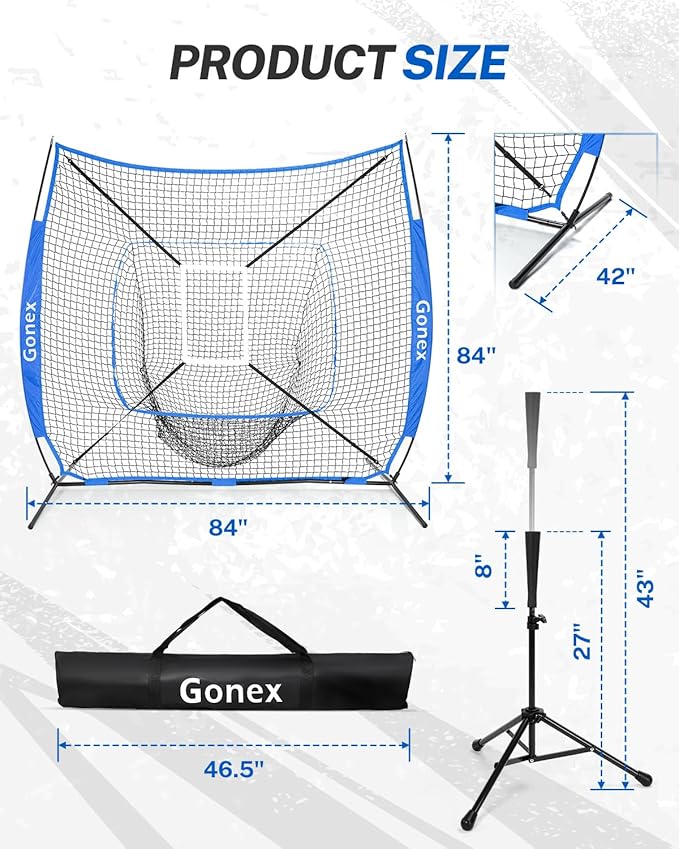 Gonex 7' x 7' Baseball Softball Practice Net Set with Batting Tee for Hitting and Pitching Batting, Practice Training Aid, with Strike Zone, Large Mouth, Bow Frame, Carrying Bag