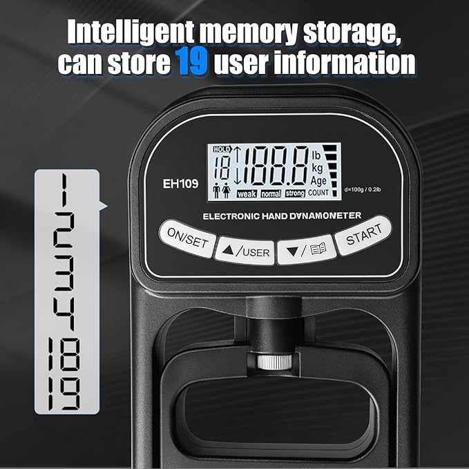 Grip Strength Tester 400 lbs/180 kg with Backlit LCD Display, Digital Hand Grip Dynamometer Records Up to 19 Users, Adjustable Grip Strength Trainer 11–220 lbs for Sports, Rehab, Home & School Use