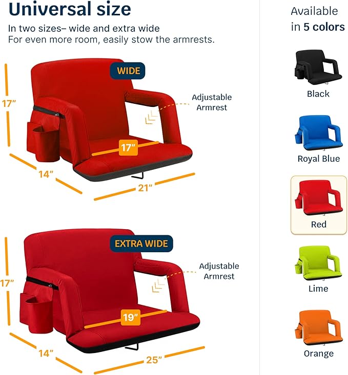 Alpcour Reclining Stadium Seat – Wide Bleacher Chair with Back Support and Cushion, Armrests, Side Pockets, and Bleachers Hook – Best Stadium Seats Chairs for Camping, Kayak, & Paddle Board Backs