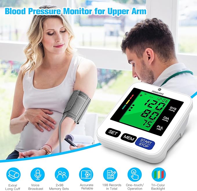 Blood Pressure Monitor Upper Arm Blood Pressure Machine for Home Use BP Cuff Kit, Large 3-Color 3.4'' Display with Backlight,Pulse Rate Detection Meter with Cuff 22-42cm/2×99 Sets Memory (Black)