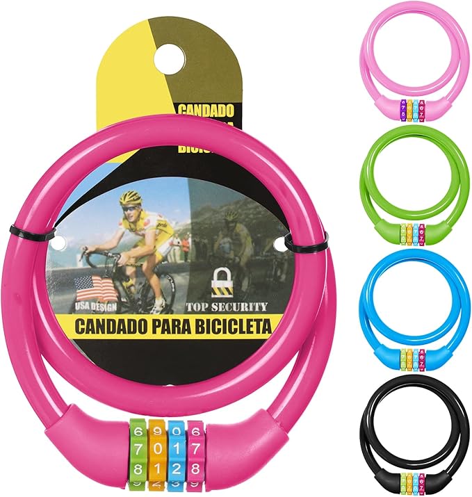 25 Inch Bike Lock Cable, Portable Anti Theft 4 Digits Codes Cable Locks, Resettable Combinations Coiling Bicycle Lock for Bike, Motorbike, Scooter, Skateboard, Gate, Fence (Pink)