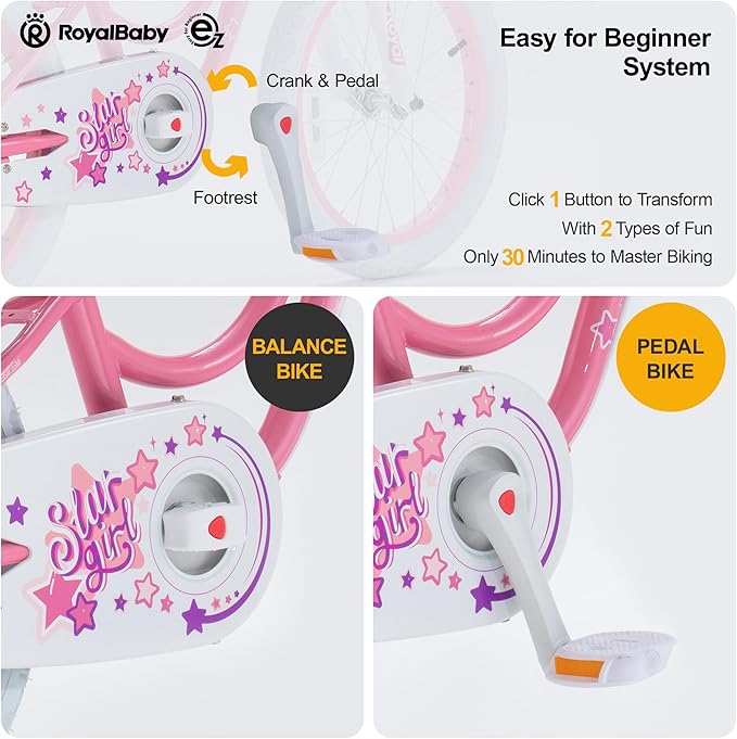 RoyalBaby Girls Bike EZ Bike Stargirl Training Free Balance to Pedal Easy Learning Bicycle, 12-20 Inch for Toddlers & Big Kids.