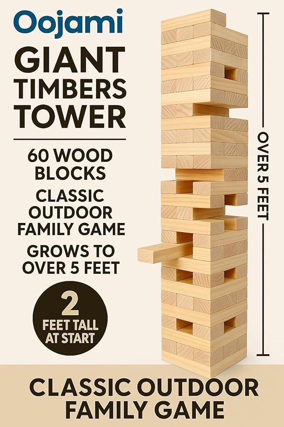 Oojami Giant Timbers Tower: Classic Outdoor Family Fun Stacking Game, 2 Feet Tall and can Grow to Over 5 Feet While Playing