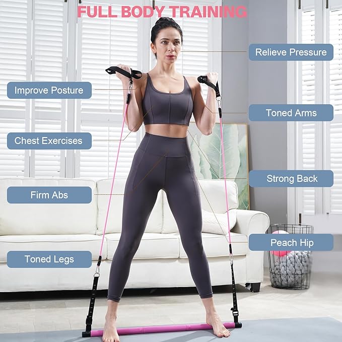 Pilates Bar Kit with Resistance Bands, Multifunctional Pilates Bar with 3 Set Exercise Resistance Bands, Portable Pilates Equipment for Women Home Gym Yoga Workouts