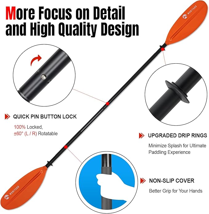 Kayak Paddle with Aluminum Shaft and Reinforced PP Blade, Floating Kayak Oar for Kayaking Canoeing and Boating, 220 cm/86 inches - 230 cm/90 inches