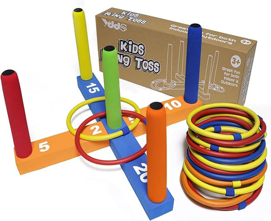 Ring Toss Game for Kids, Indoor & Outdoor Game for Family and Adults with 5 Poles, 2 Bases and 16 Rings in 4 Colors, Soft Foam Toy for Kids Backyard Ring Toss Fun
