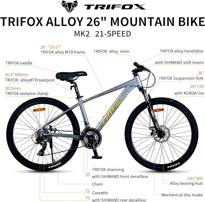 TRIFOX 26 Inch Aluminum Mountain Bike with Shimano 21 Speed,Aircraft-Grade Aluminum Frame,Front Suspension Fork,Dual Disc Brakes,15/17 Inch Internal Cable Routing Frame for Men Women Boys and Girls