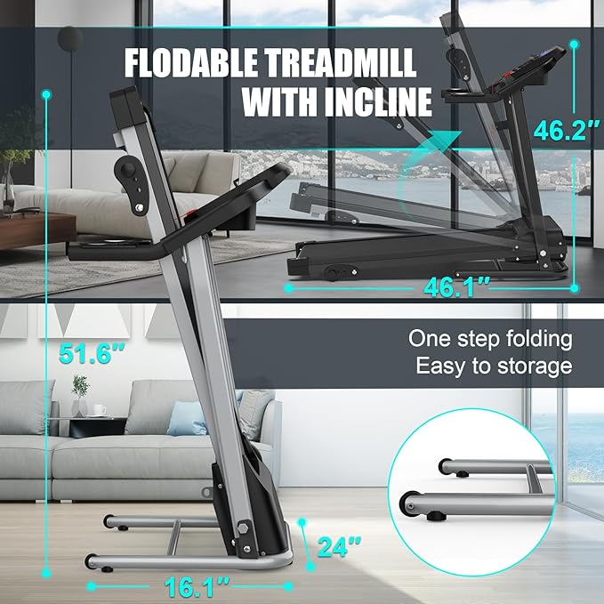 FYC Compact Folding Treadmill for Home - 2.5HP Quiet Brushless Motor, 3-Level Incline, 7.5 MPH, Shock Absorption, Space-Saving Design for Running, Walking - Treadmill for Small Spaces & Home Use
