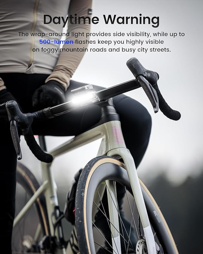 RAVEMEN FR500 Bike Front Light for Night Daytime Riding, Compatible with Garmin/Wahoo Computers, 6 Modes, Auto On/Off, Side Visible, USB-C Rechargeable & Output Bicycle Headlight for Road Urban Biking