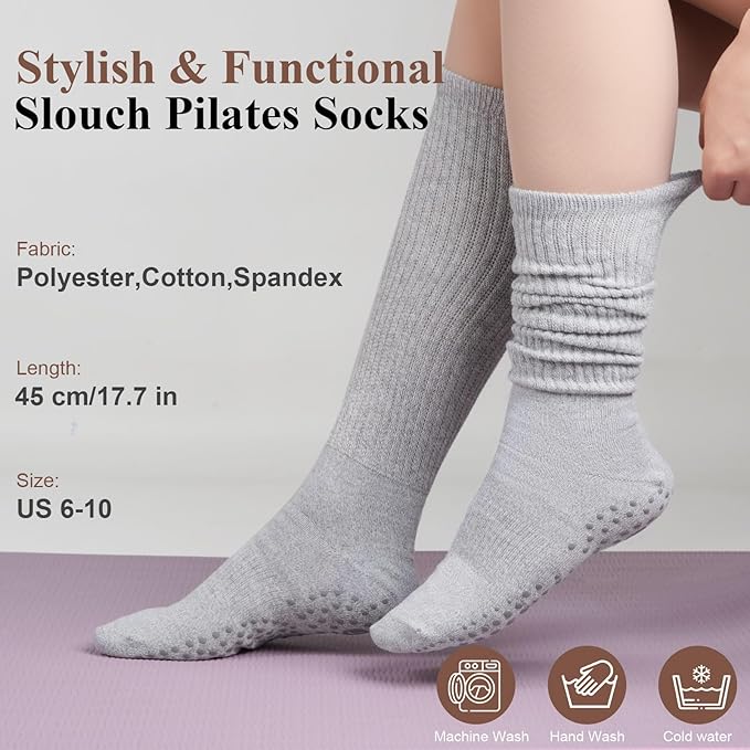 Grip Pilates Socks for Women, Yoga Slouch Socks with Grip for Barre Workout Hospital Long Scrunch Slipper Socks