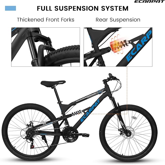 Mountain Bike 24 26 27.5 Inch, Dual Full Suspension Mens Womens Bike, 21 Speeds Dual Disc Brake Carbon Steel Bike, Boys Mens Mountain Bike for School Work Summer Camping, Birthday Gift Choice