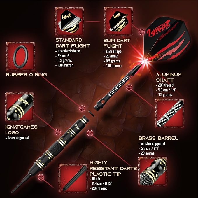 IgnatGames Premium Soft Tip Darts – 6/12 Pack Brass Barrels with Aluminum Shafts, 16 GlideXPro Flight Set, Tool Kit, Giftable Case & 100 Extra Tips