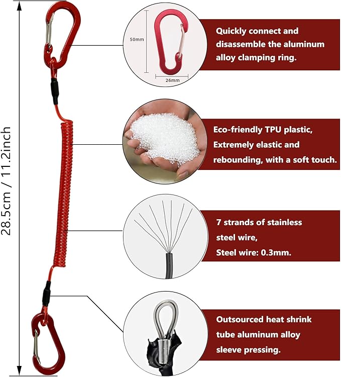 4 Pack Heavy Duty Kayak Paddle Leash & Retractable Fishing Lanyard, Coiled Rod Tether with Belt Clip for Kayaking, Paddle Board Accessories (Red/Blue)