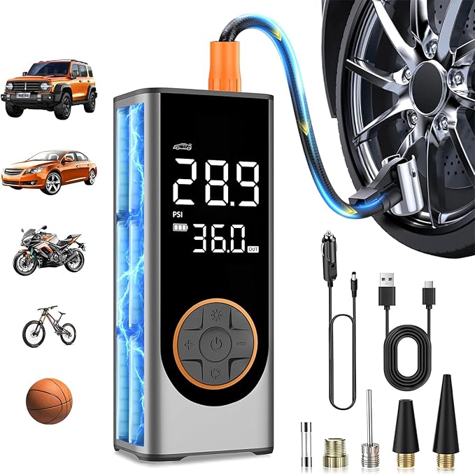 Tire Inflator Portable Air Compressor, 150PSI Cordless Air Pump for Car Tires, 4X Faster 12V DC Tire Pump with Tire Pressure Gauge, LED Light for Cars, Motorcycles, Bikes, Balls (Silver)