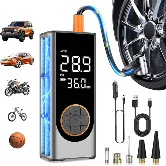 Tire Inflator Portable Air Compressor, 150PSI Cordless Air Pump for Car Tires, 4X Faster 12V DC Tire Pump with Tire Pressure Gauge, LED Light for Cars, Motorcycles, Bikes, Balls (Silver)