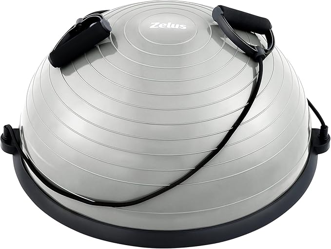ZELUS Balance Ball Trainer with Resistance Bands and Foot Pump, Inflatable Yoga Ball for Home Gym Workouts, 23 Inch Exercise Half Ball for Balance Training Core Strength Fitness More, 330lb Cap