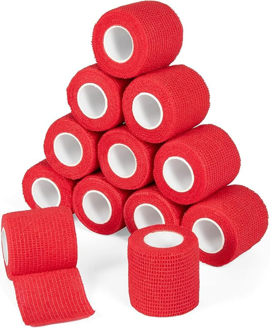 12Pcs 2”x 5 Yards Self Adhesive Bandage Wrap Elastic Bandage Wrap Self Adherent Cohesive Wrap Bandages for Wrist Ankle Vet Tape for Dogs Athletic Swelling Sprains Tape Grip Cover (Red)