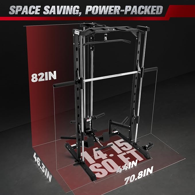 RitFit Smith Machine Power Rack with LAT-Pull Down System, Landmine, Barbell Bar, Plate Storage Pegs and More Training Attachment