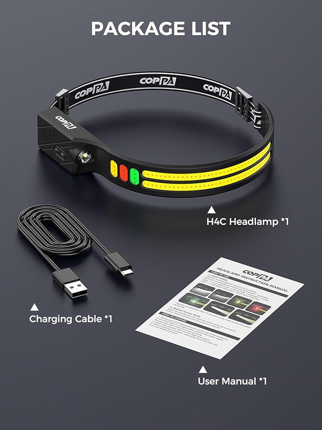 COPPA Headlamp, H4C Headlamp Rechargeable 1Pack with White & Yellow & Red & Green Floodlight & Spotlight Mini Portable with Motion Sensor Super for Camping Running Fishing Climbing Hiking Maintenance