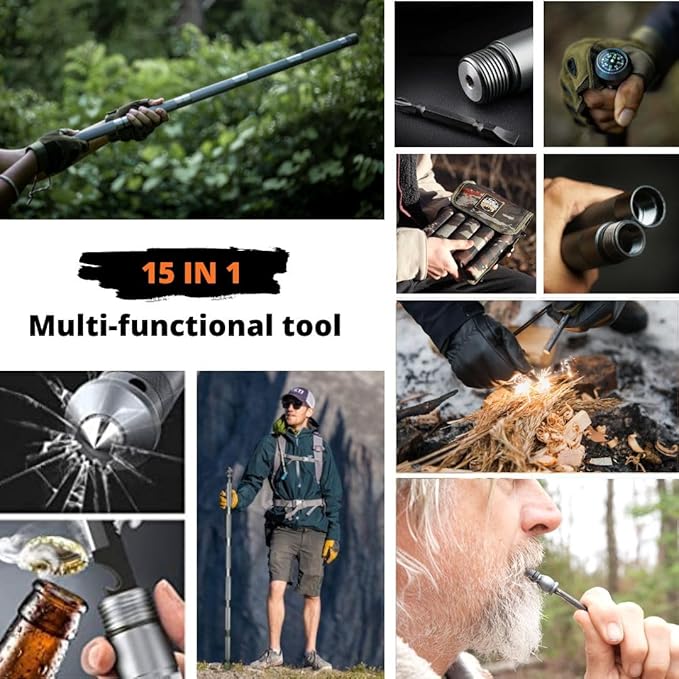 Hiking Tactical Stick Walking Staff - Outdoor Multitool Gear Trekking Pole Collapsible Retractable Premium 15 in 1 | 8 Tubes